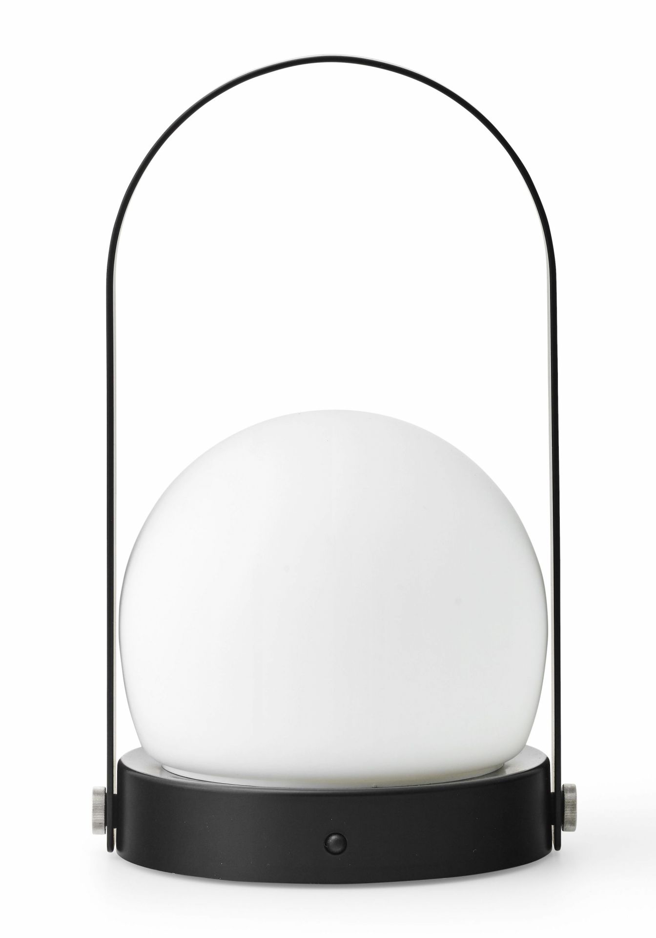 Carrie LED Tischleuchte mit Akku, tragbare Lampe mit schwarzem Griff und weißem Lampenschirm.