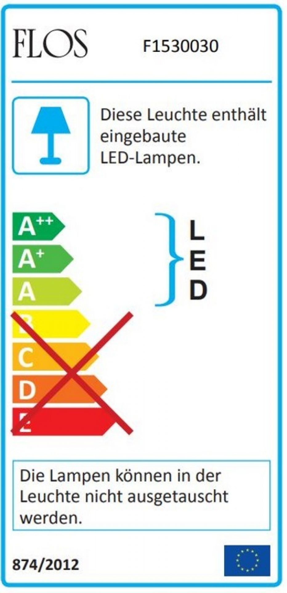 Energieeffizienzlabel der Flos LED Leuchte. Die Lampen können nicht ausgetauscht werden.