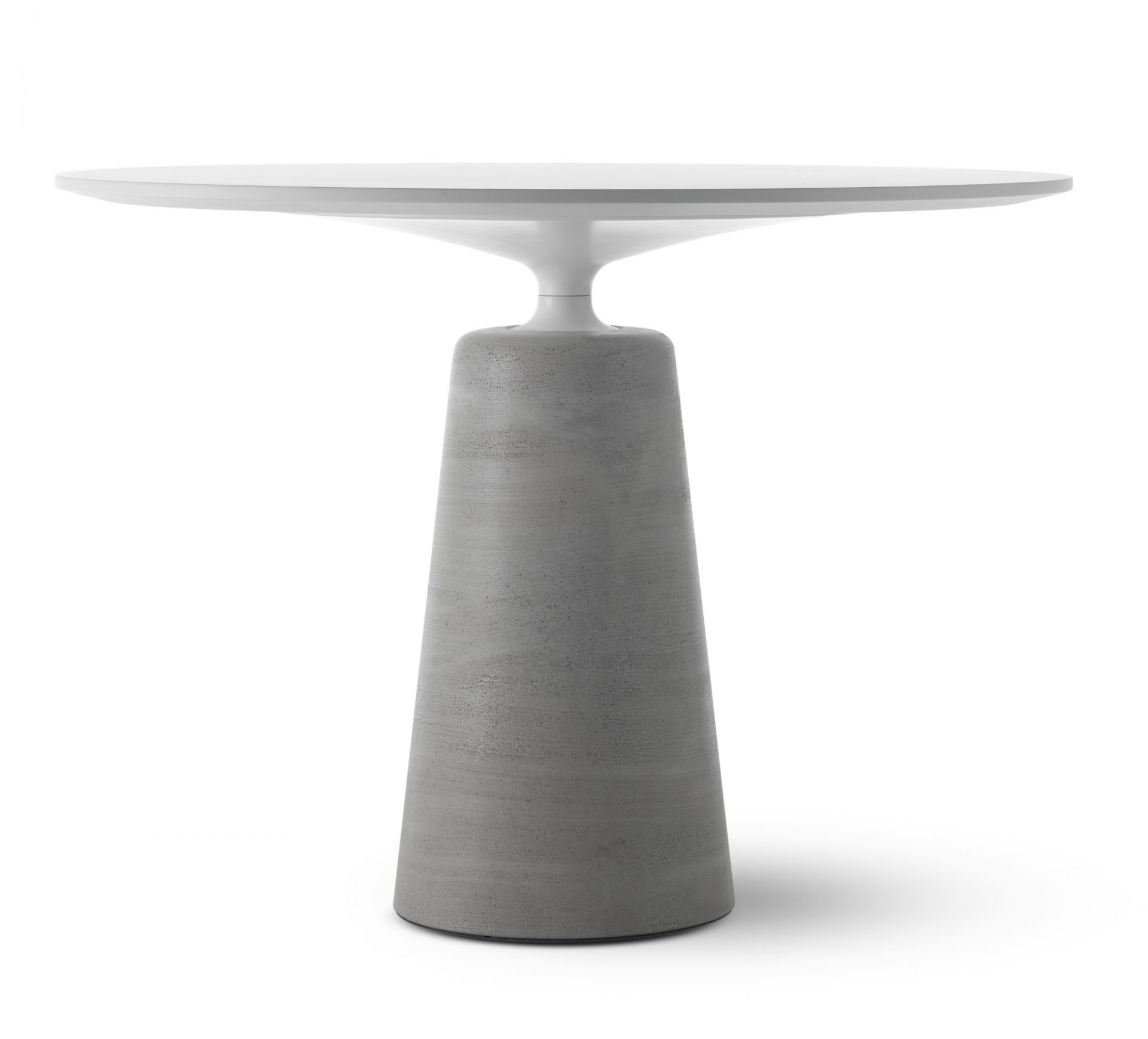 Rock Table von MDF Italia: Runder Esstisch mit Betonfuß und weißer Tischplatte.