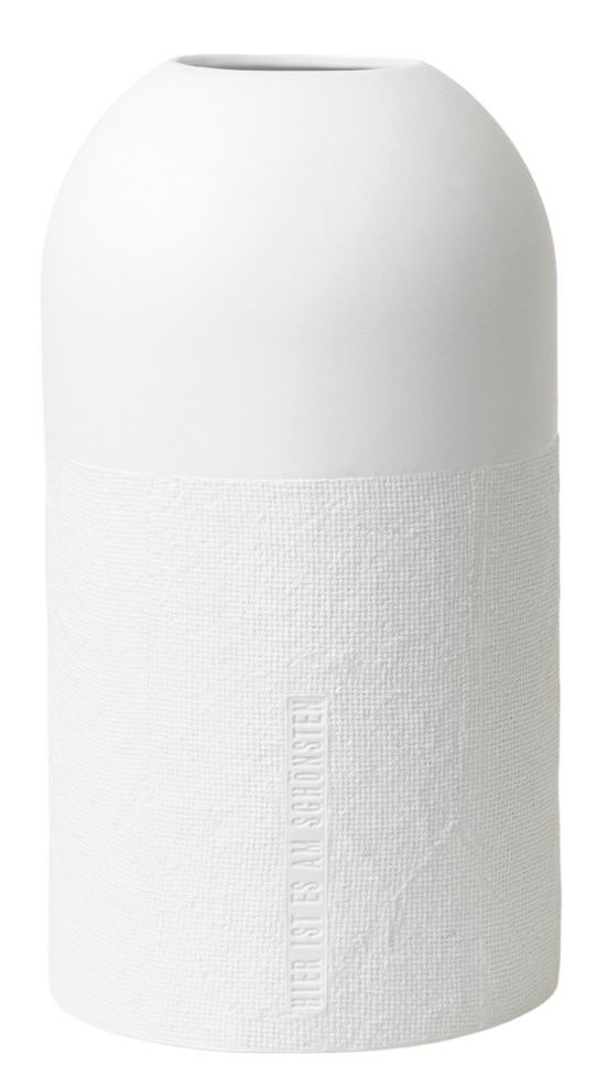 Weiße Formsprache Vase von Räder mit Textur und dem Schriftzug "Hier ist es am Schönsten".