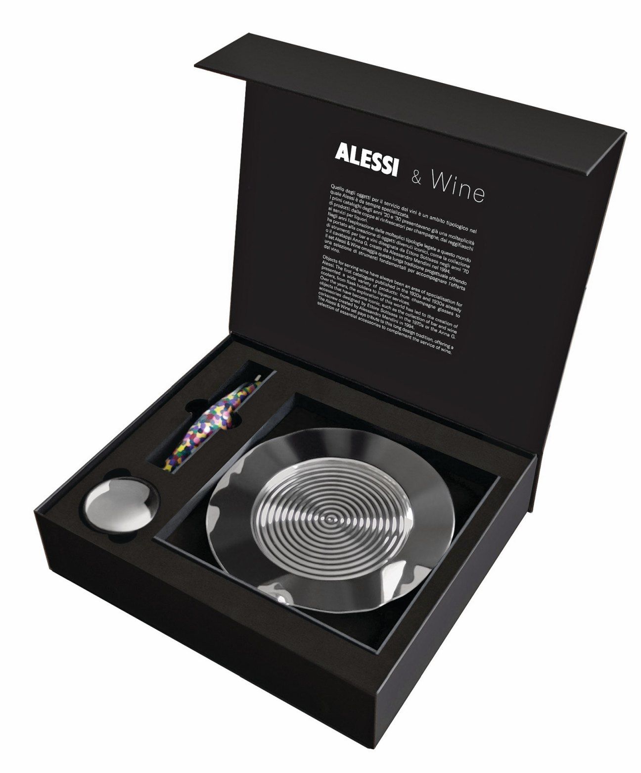 Alessi Wein-Geschenkset mit Flaschenkühler, Tropfenfänger und Korkenzieher im eleganten schwarzen Geschenkkarton.