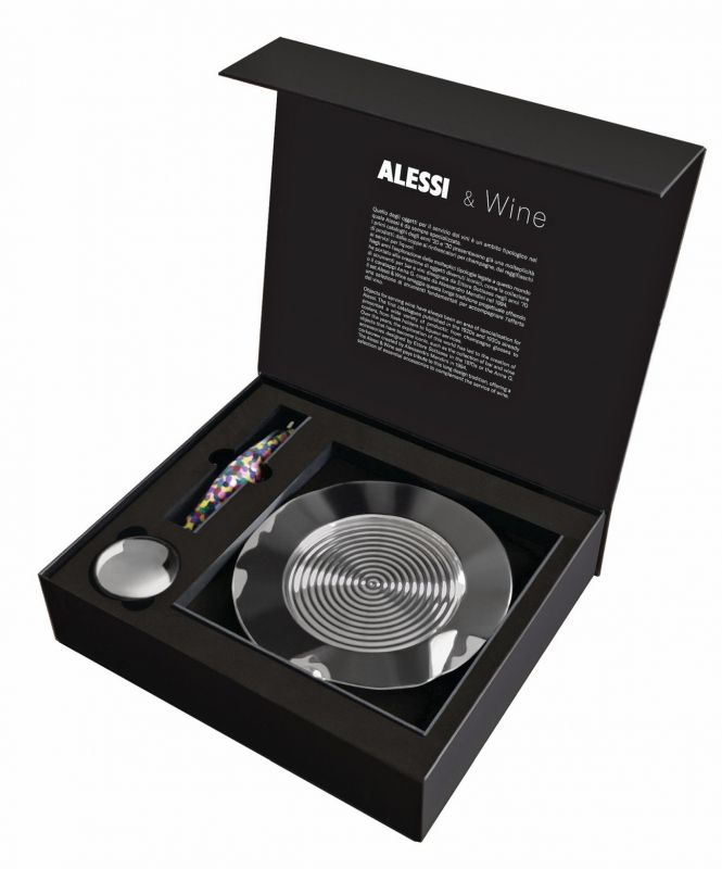 Alessi Wein-Geschenkset mit Flaschenkühler, Tropfenfänger und Korkenzieher im eleganten schwarzen Geschenkkarton.