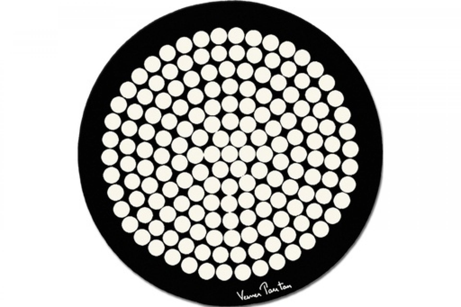 Schwarzer, runder Panton Teppich mit weißen Punkten. Designercarpets Teppich für Wohnzimmer und Schlafzimmer.