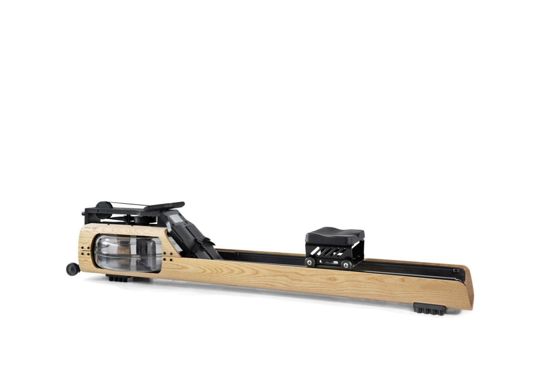 FLOW ONE Rudergerät von Stil-Fit: Elegantes Holz-Design mit Wassertank für realistisches Rudergefühl.