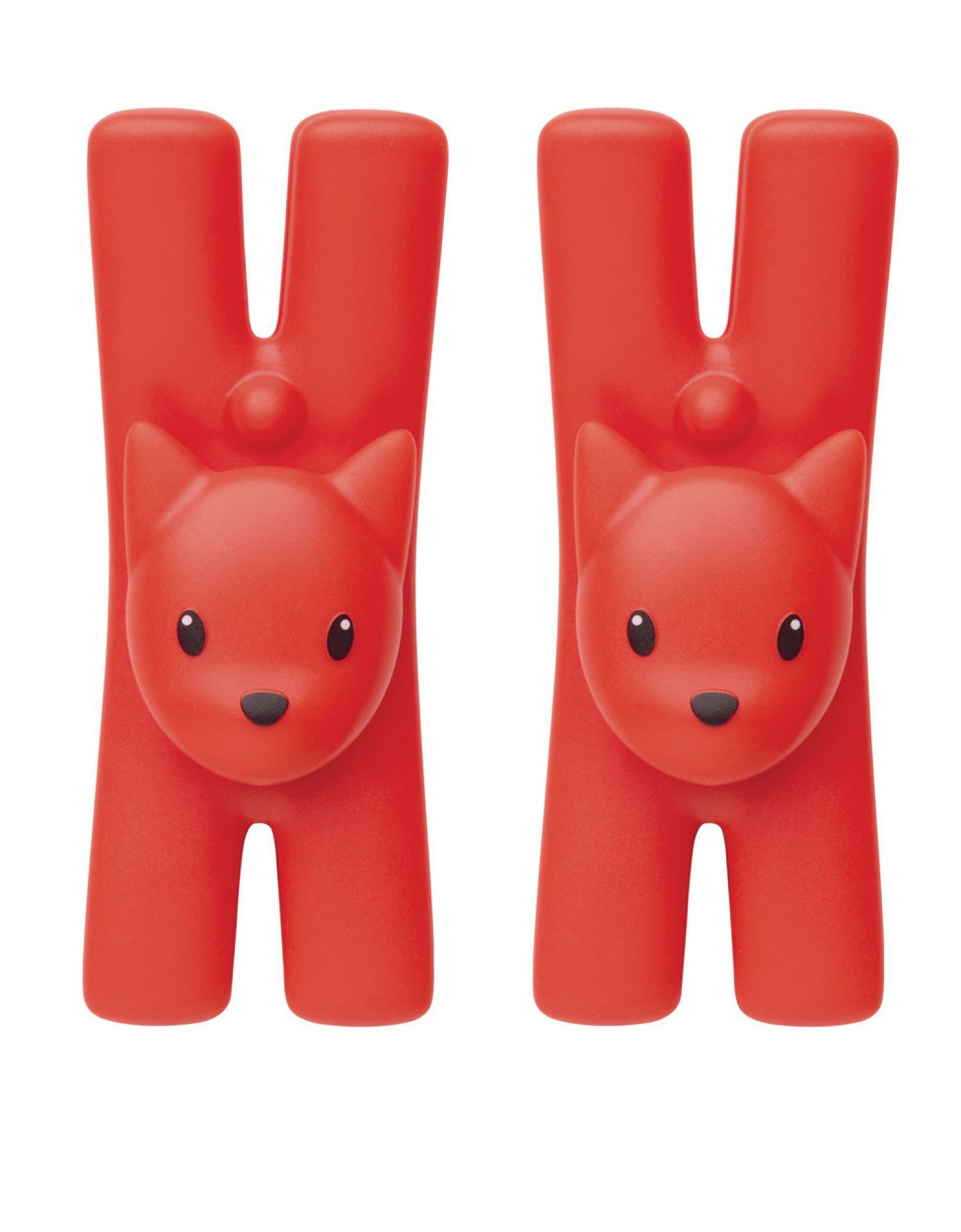 Zwei rote Alessi Lampo Klammern in Rotorange mit Katzenmotiv für Küche und Haushalt.