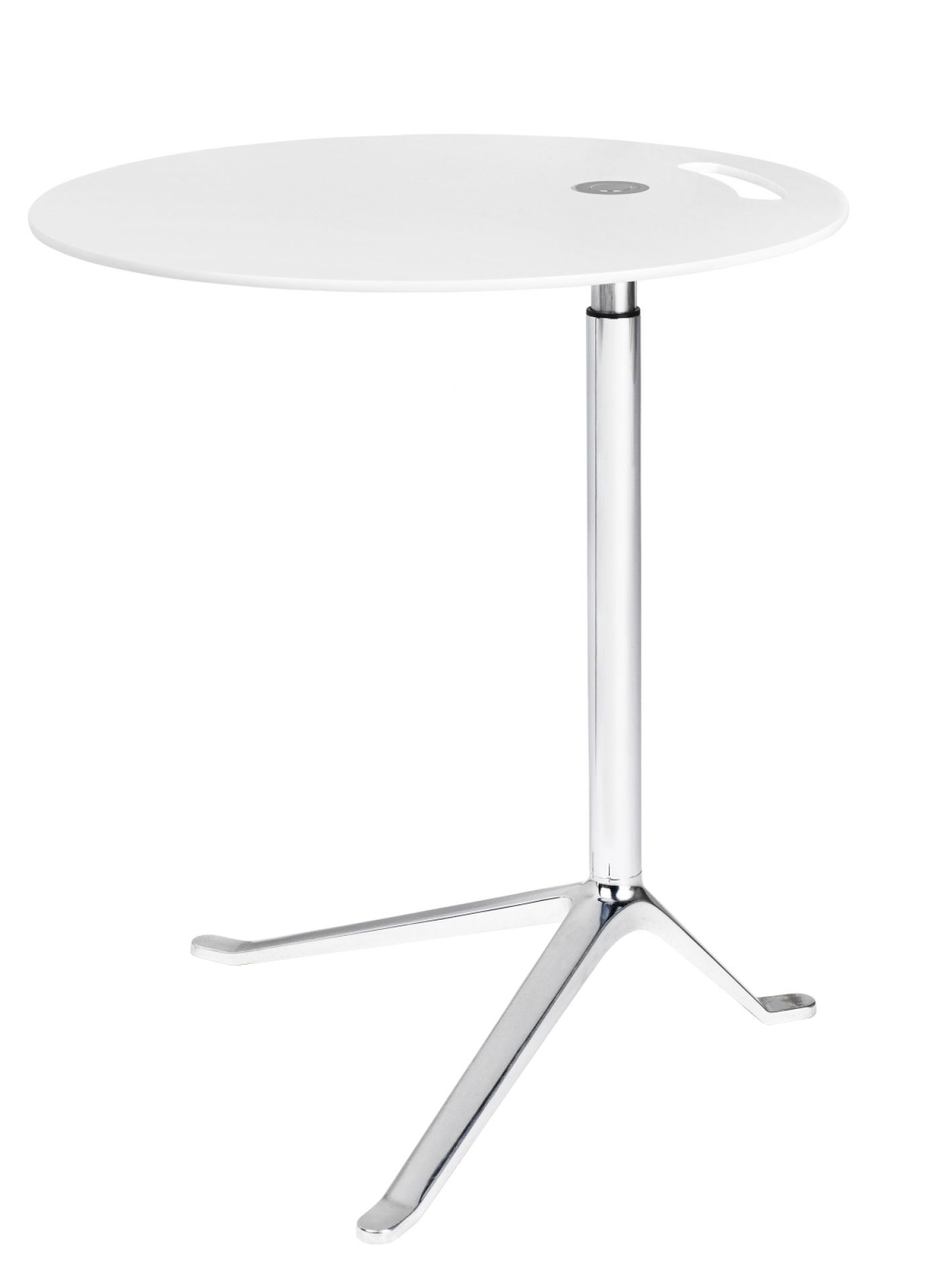 Weißer Little Friend Beistelltisch von Fritz Hansen mit rundem Tischblatt und verchromtem Fußgestell.