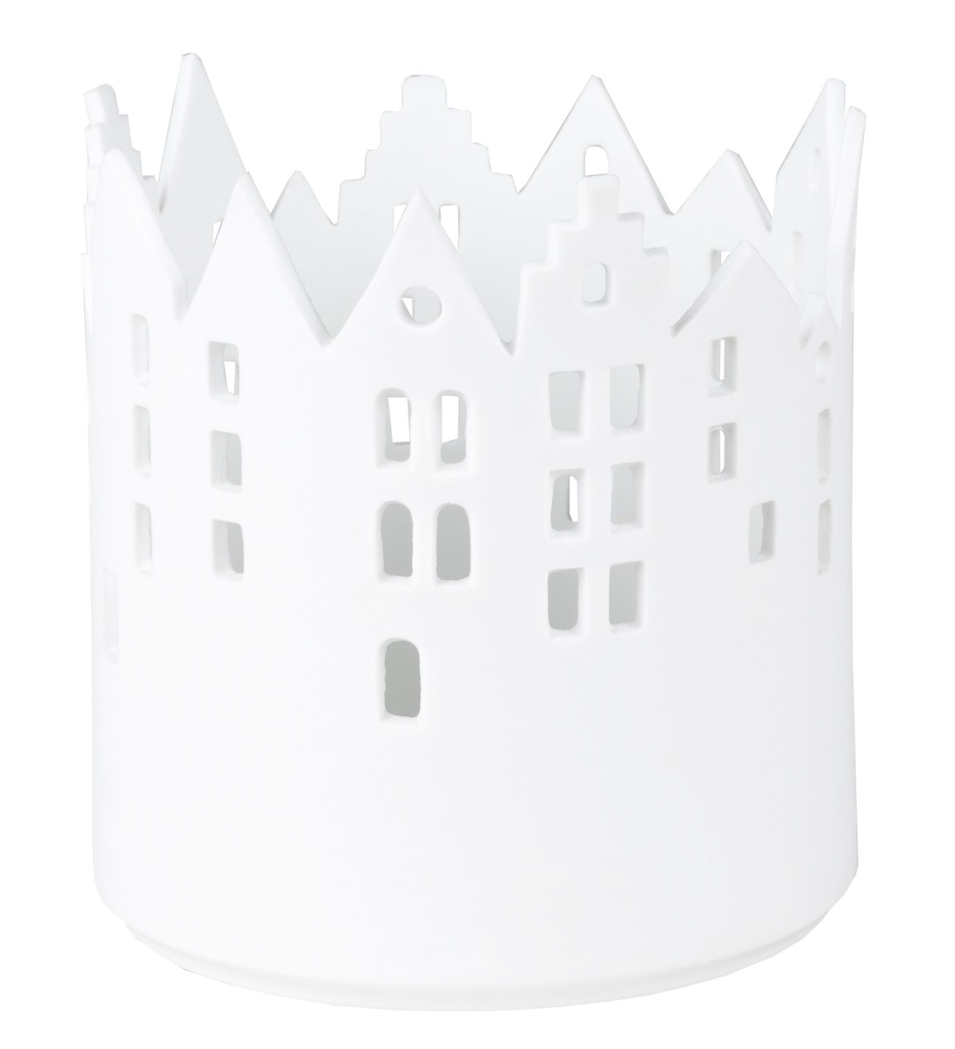 Weißes Räder Lichthaus aus Porzellan mit ausgestanzten Häusern, Teil des Zuhause Lichthaus Sortiments.