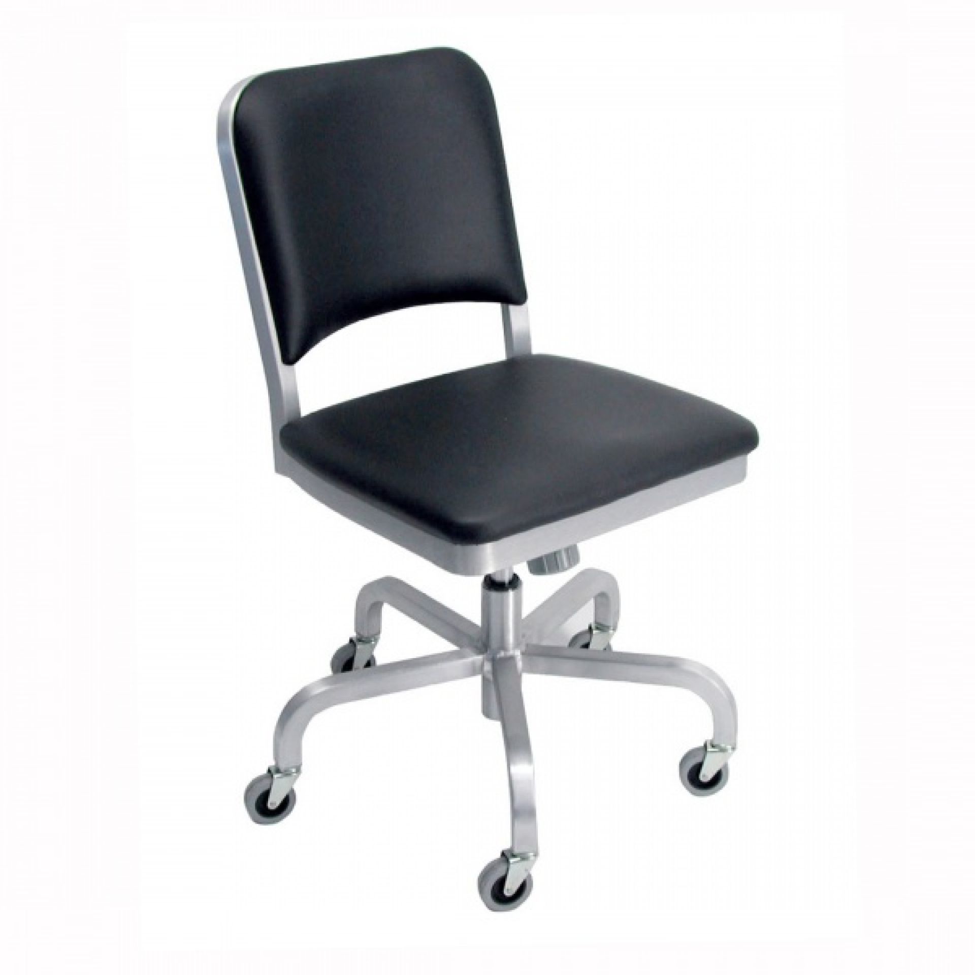 Emeco Navy Drehstuhl mit schwarzer Polsterung und Aluminiumgestell auf Rollen.