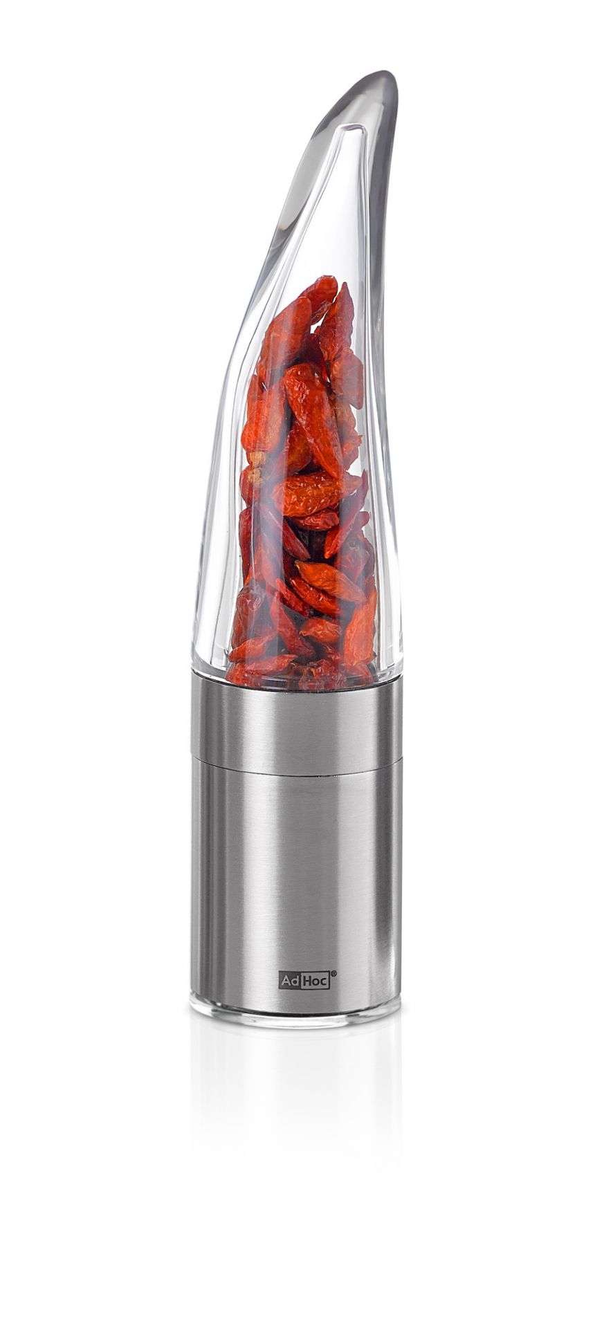 AdHoc Pepe Chilischneider aus Edelstahl und Acrylglas, gefüllt mit roten Chilischoten.