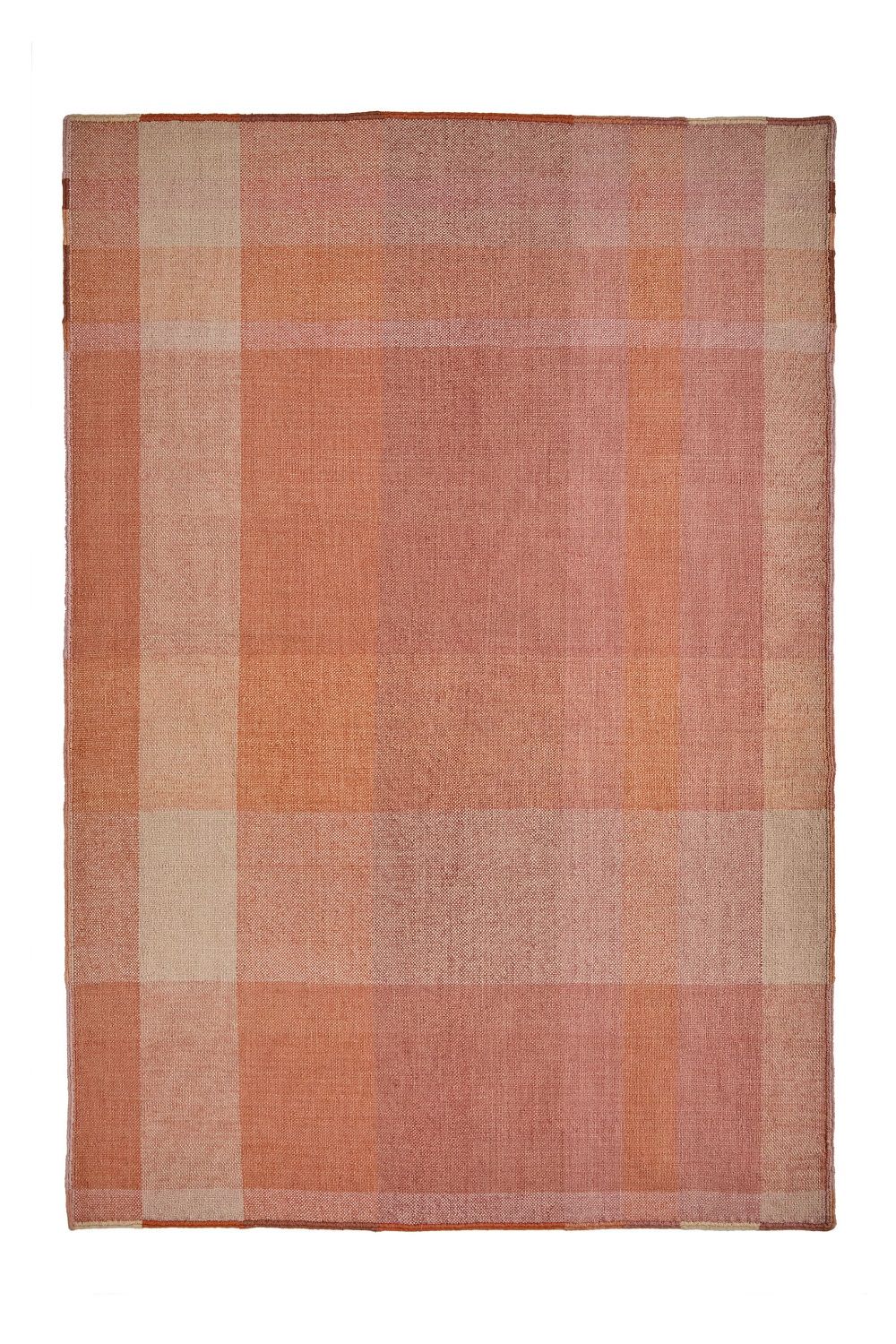 Nanimarquina Teppich Nuance: Quadratischer Wollteppich mit abstraktem Karomuster in Orange- und Rosatönen.