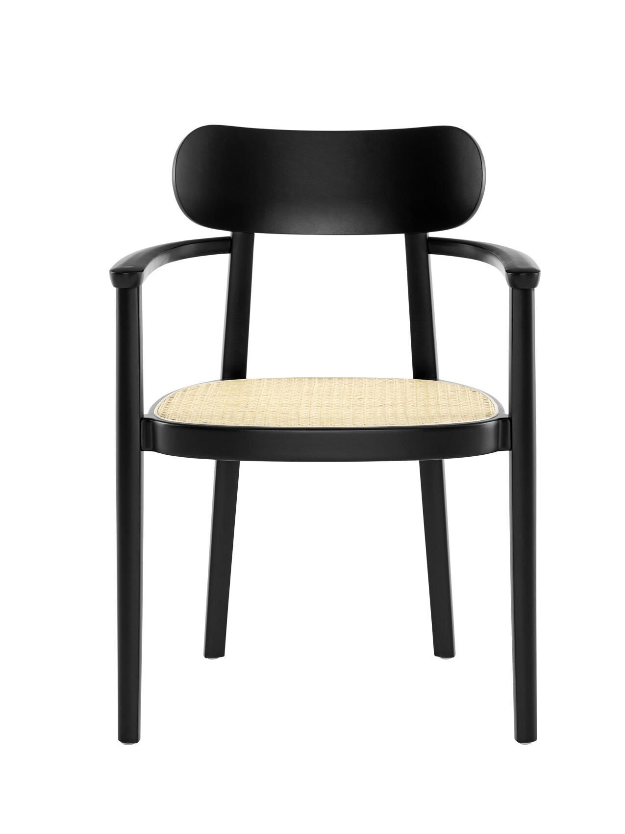 Schwarzer 118 FV Holzstuhl von Thonet mit Armlehnen und Wiener Geflecht Sitzfläche.