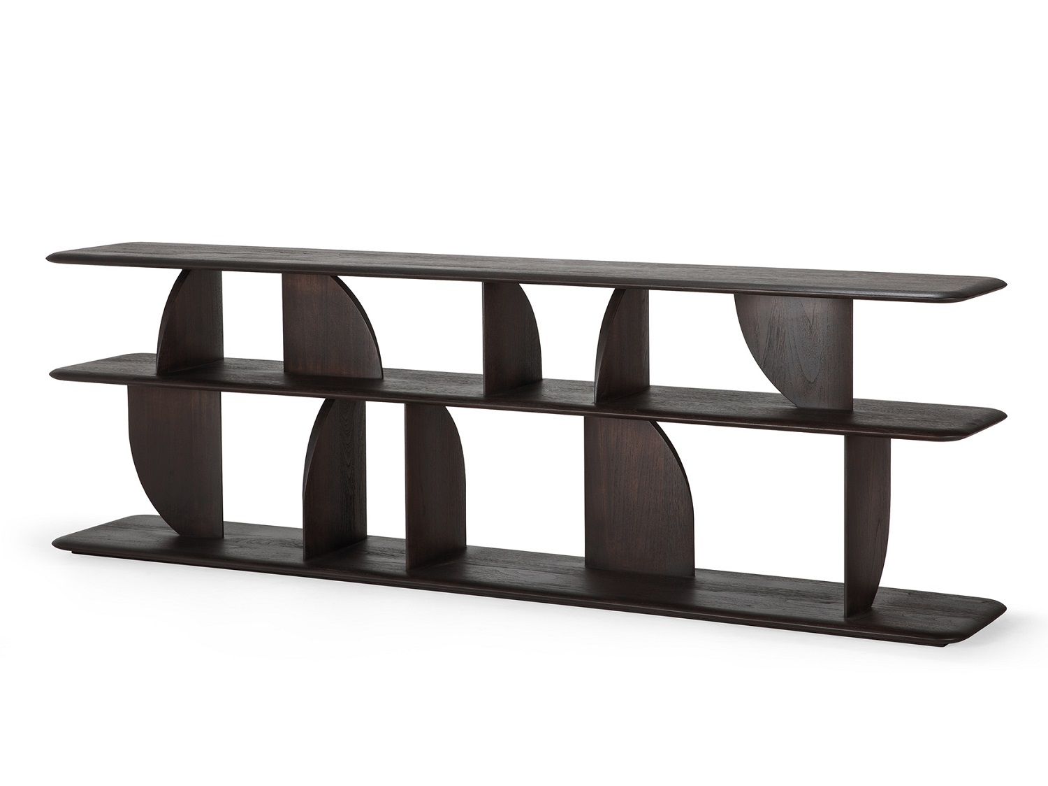 Dunkler Ethnicraft Teakholz Beistelltisch mit geometrischen Formen und drei Ablageflächen. Konsole im modernen Design.