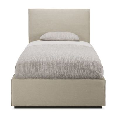 Ethnicraft Revive Bett mit abnehmbarem Bezug, Einzelbett in Beige mit Textilkopf und Bettwäsche.