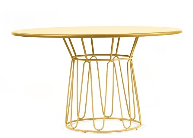 Gelber Circo Esstisch für den Outdoor-Bereich mit runder Tischplatte und filigranem Metallgestell.