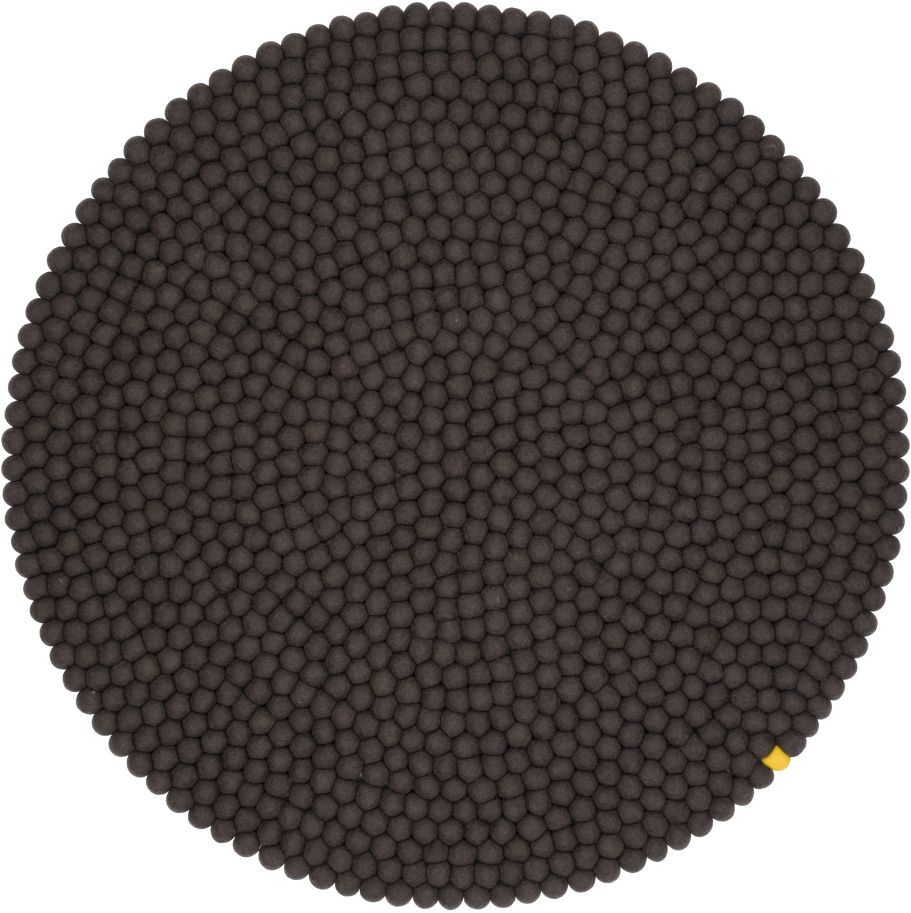Runder, dunkelgrauer Filzteppich (myfelt) aus vielen kleinen Filzkugeln, Durchmesser 200 cm.