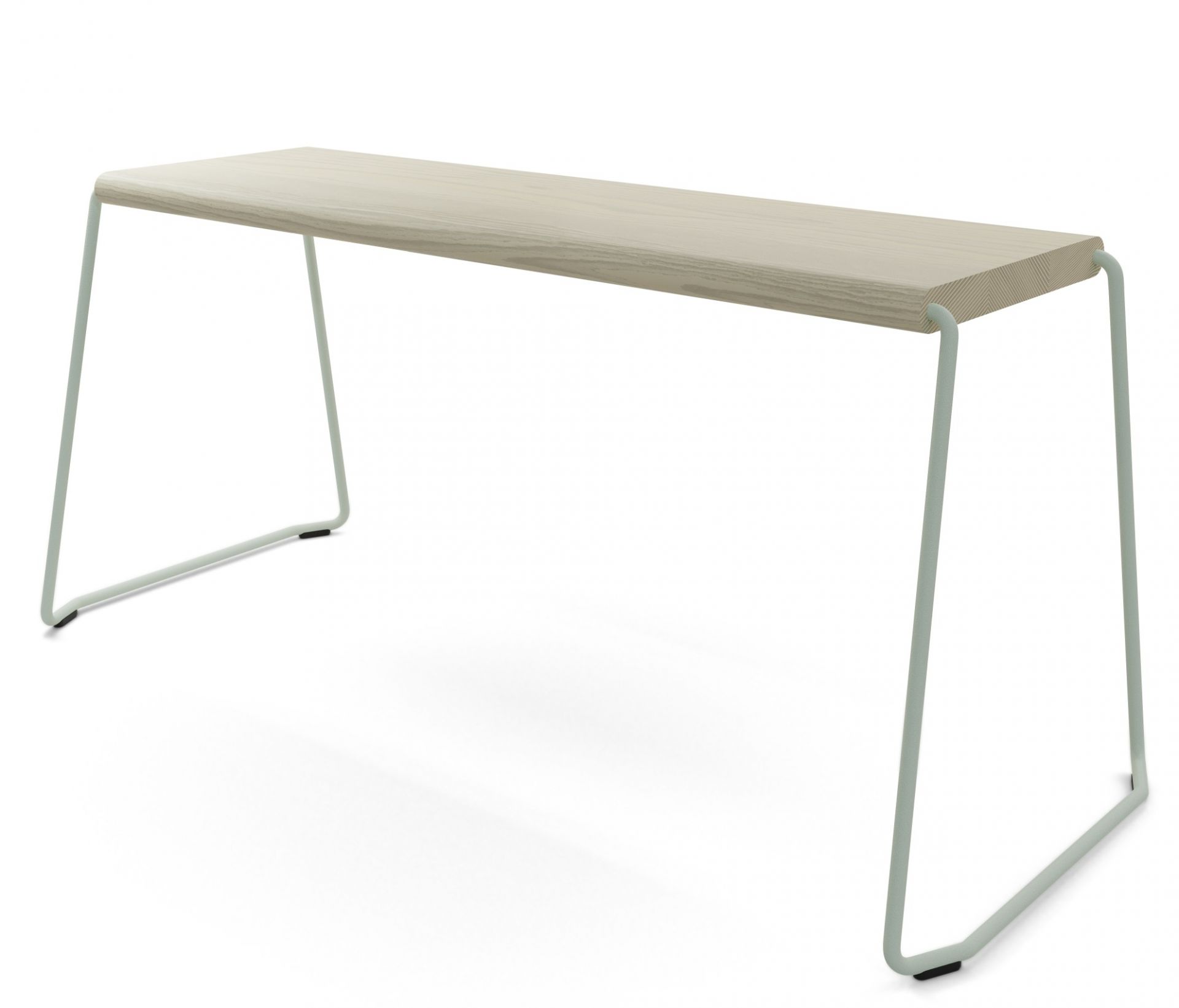 Weiße Holzbank mit minimalistischem Design und hellgrünem Metallgestell. Sitzbank für Esszimmer oder Flur.