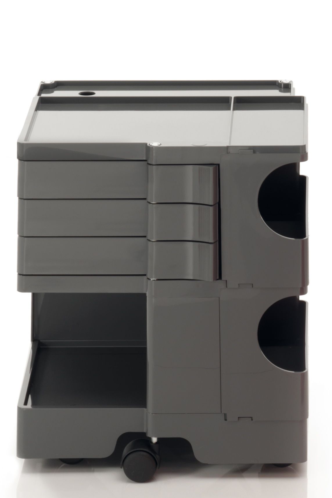 Grauer Boby Rollcontainer mit Schubladen und Ablagefächern auf Rollen für Büro und Arbeitszimmer.