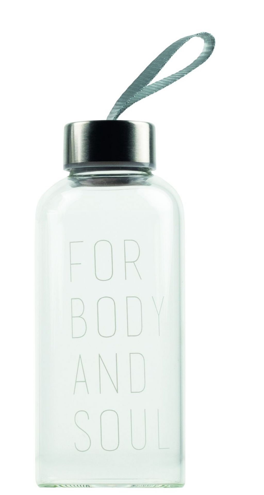 Transparente Balance Flasche von Räder, 450ml, mit silbernem Deckel und Aufschrift "For Body and Soul".