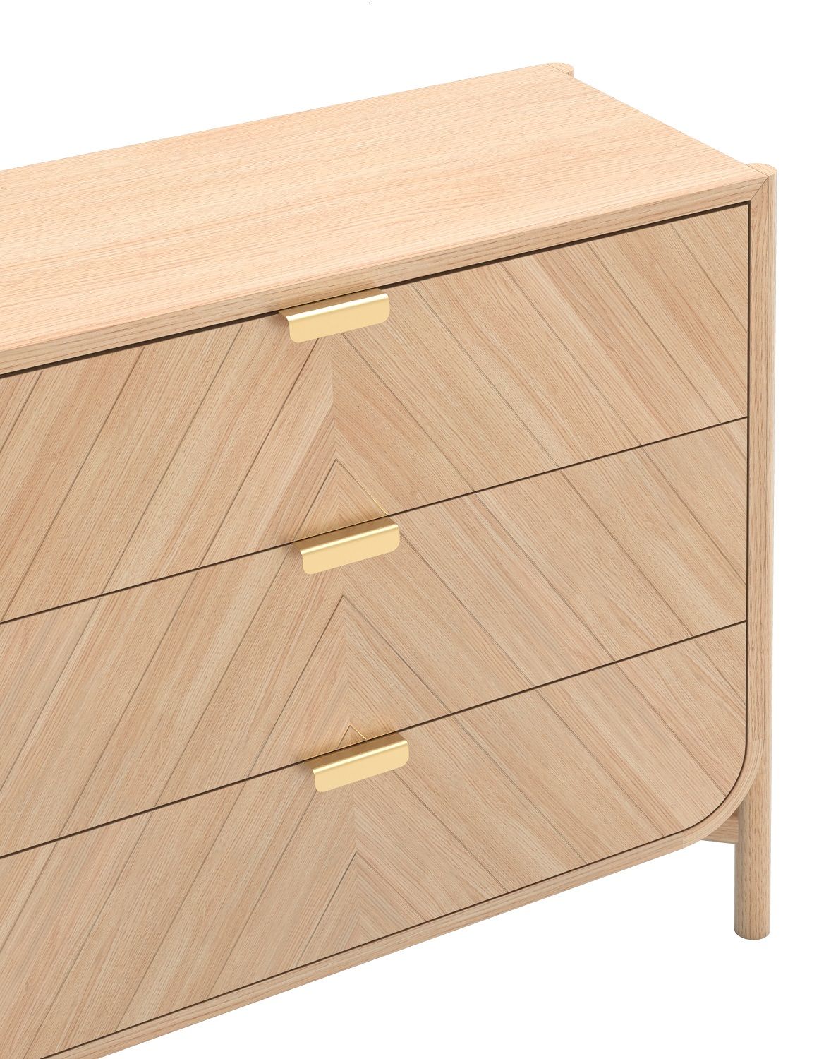 Marius Kommode von Hartô aus Eiche natur mit drei Schubladen und goldenen Griffen.