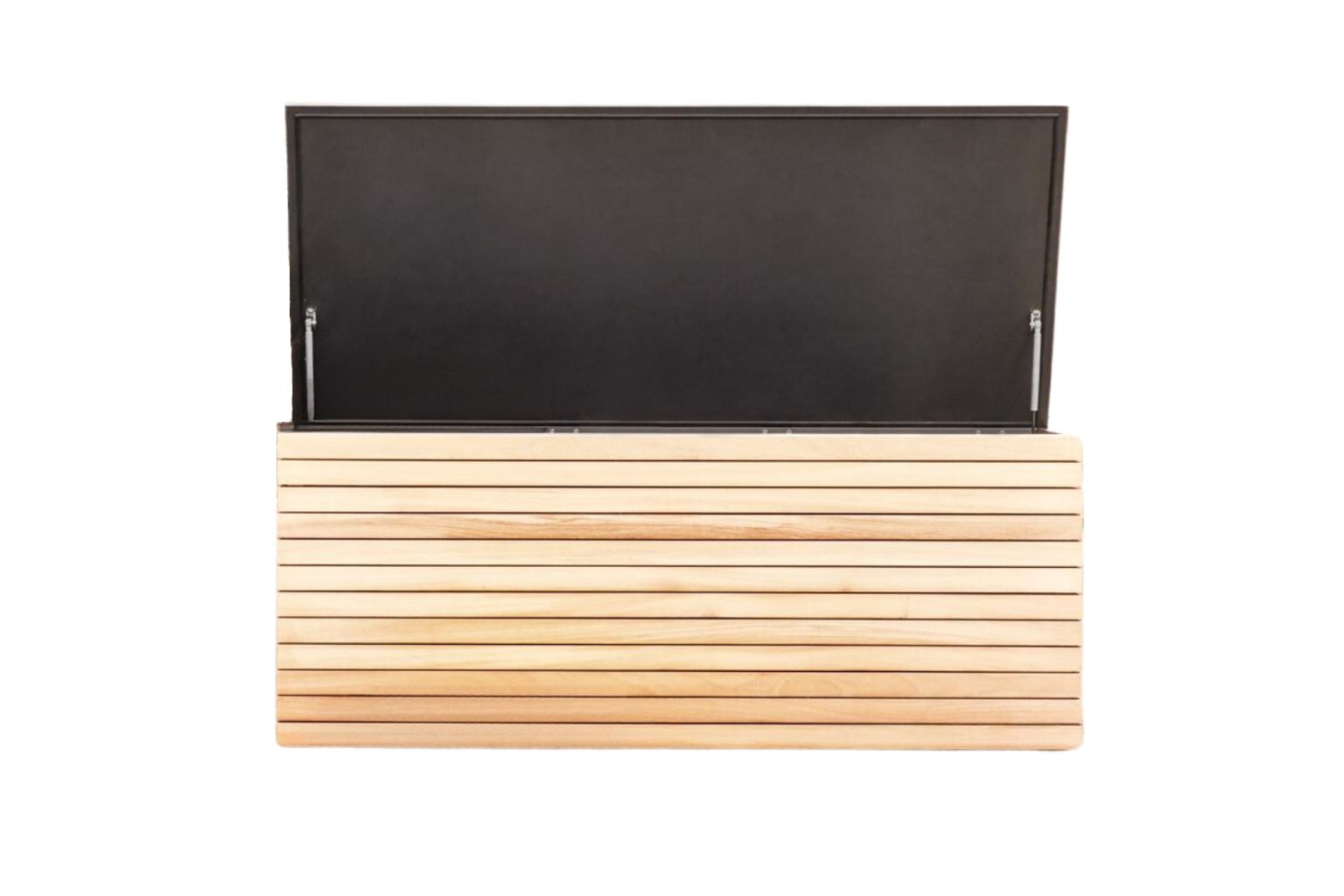 Geöffnete Forte Kissentruhe von Conmoto, anthrazitfarbener Deckel und helle Lärchenholz-Verkleidung. Gartenmöbel-Aufbewahrung.