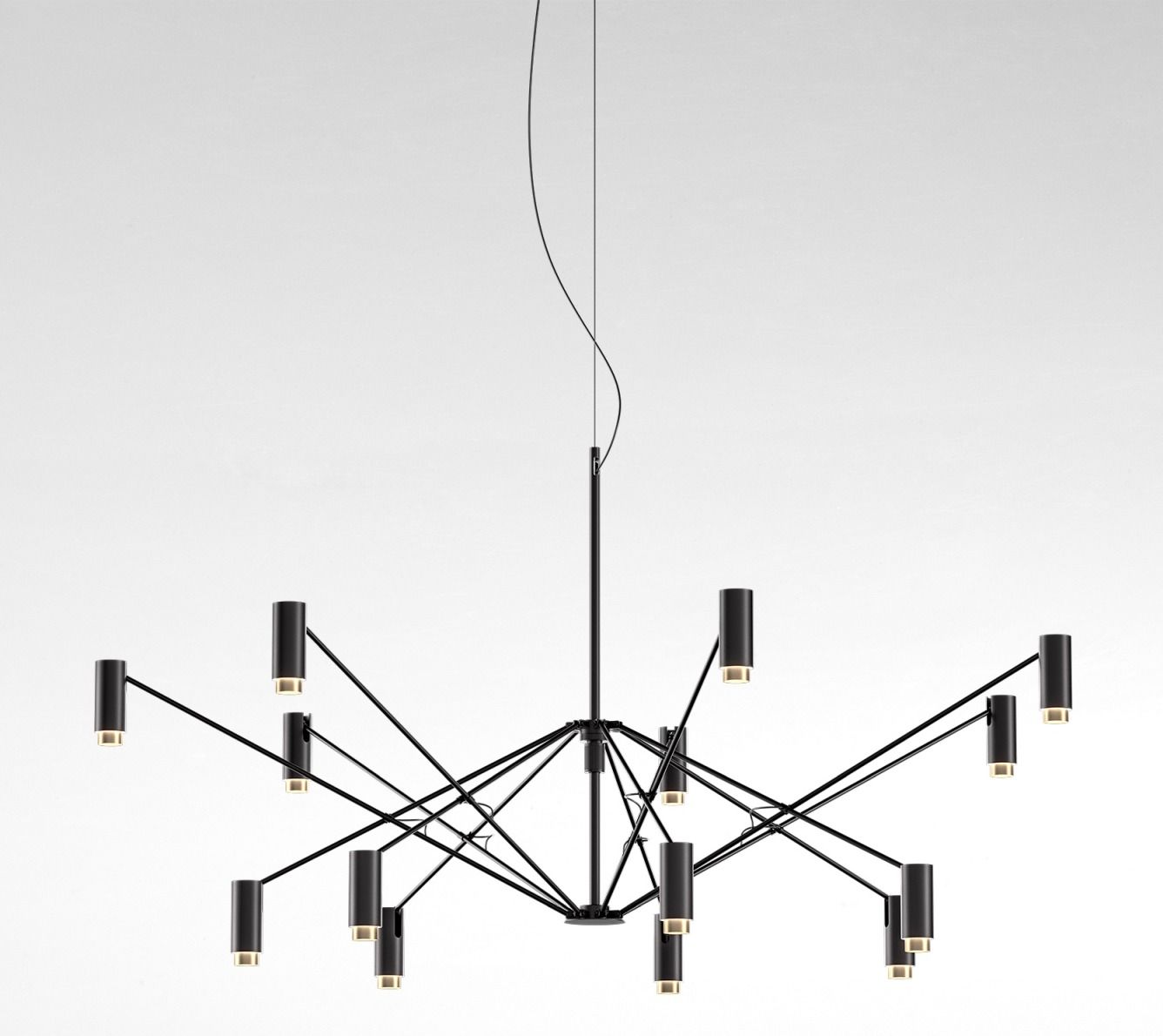 Schwarze The W Pendelleuchte von Marset, moderne Hängelampe mit zylindrischen Leuchtenarmen und warmweißem Licht.