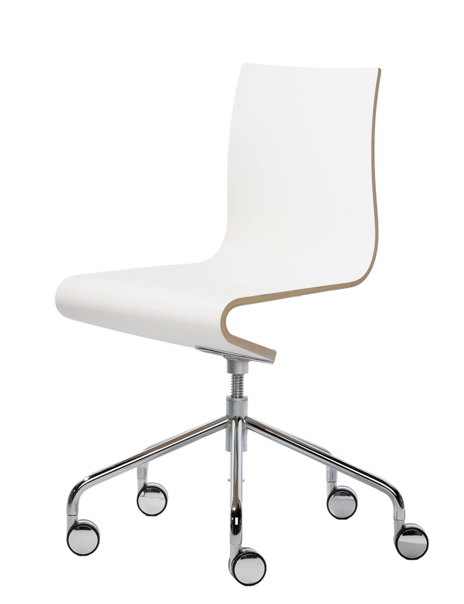 Weißer Richard Lampert Seesaw Arbeitsstuhl mit Chromgestell und Rollen, Bürostuhl für modernes Arbeiten.