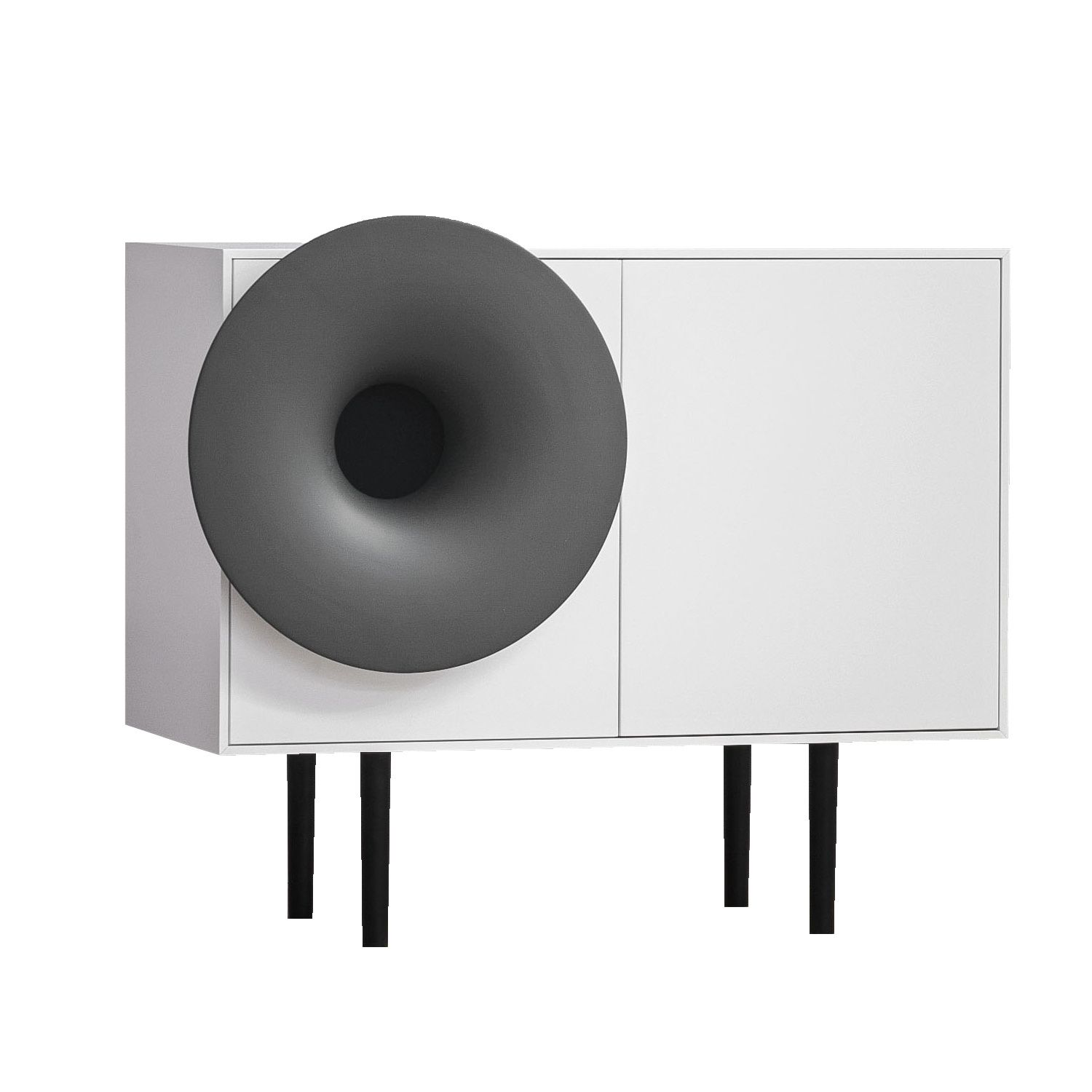 Weiße Caruso Anrichte von Miniforms mit grauer Trompete. Modernes Sideboard für Wohnzimmer und Esszimmer.