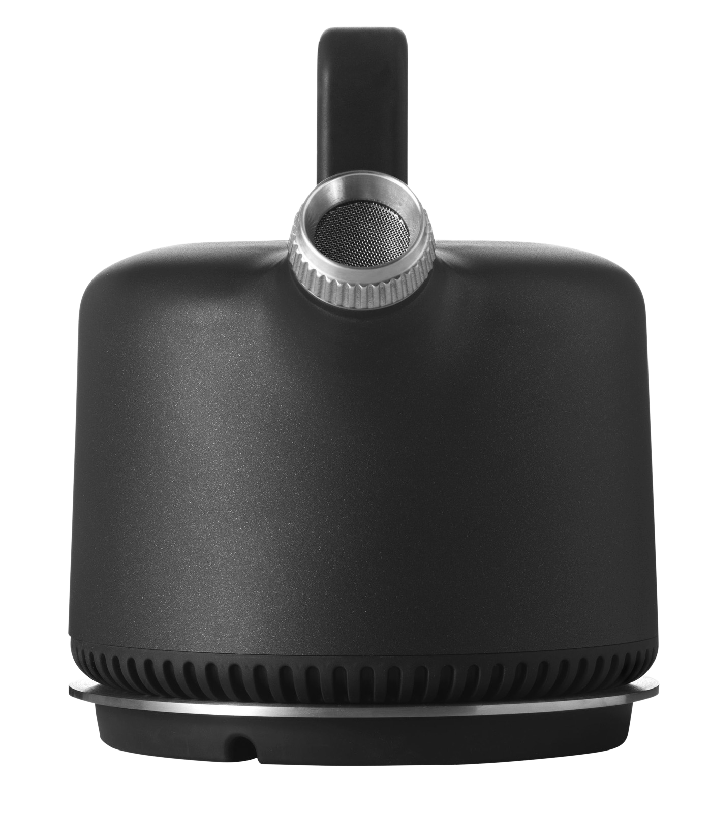 Schwarzer Vipp Wasserkocher aus Edelstahl, Detailaufnahme der Oberseite mit Ausguss und Griff, Küchengerät für Teewasser.