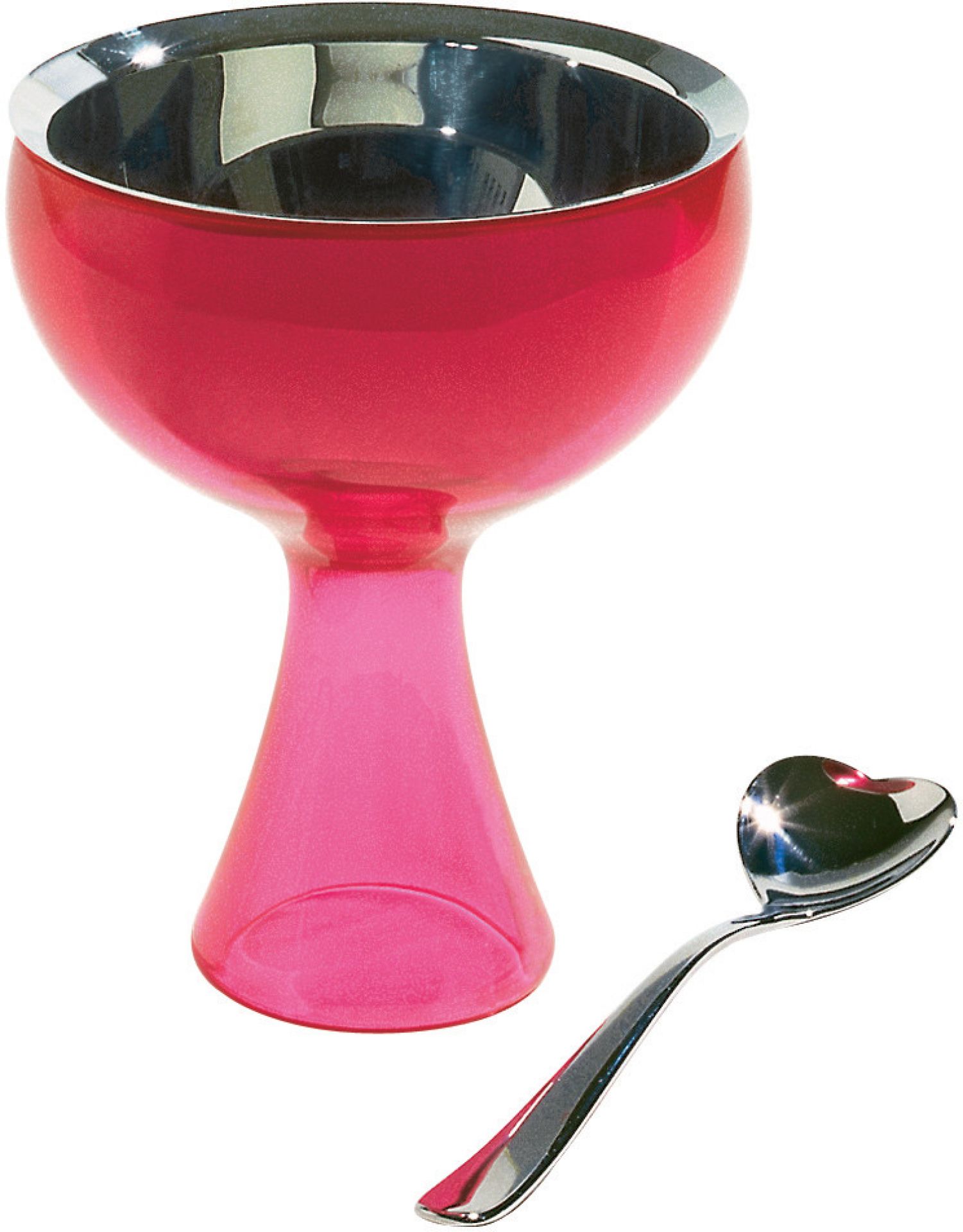 Pinker Alessi Eisbecher mit Edelstahleinsatz und Herzlöffel, perfekt für Eisdesserts und stilvolles Servieren.