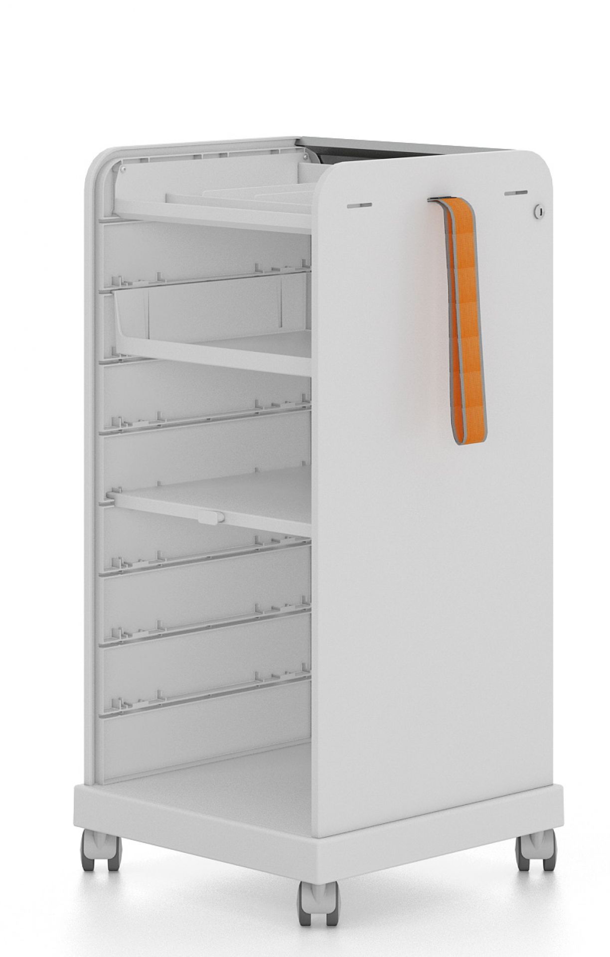 Weißer Vitra Rollcontainer Follow Me 2 mit Griff und mehreren Ablagefächern.