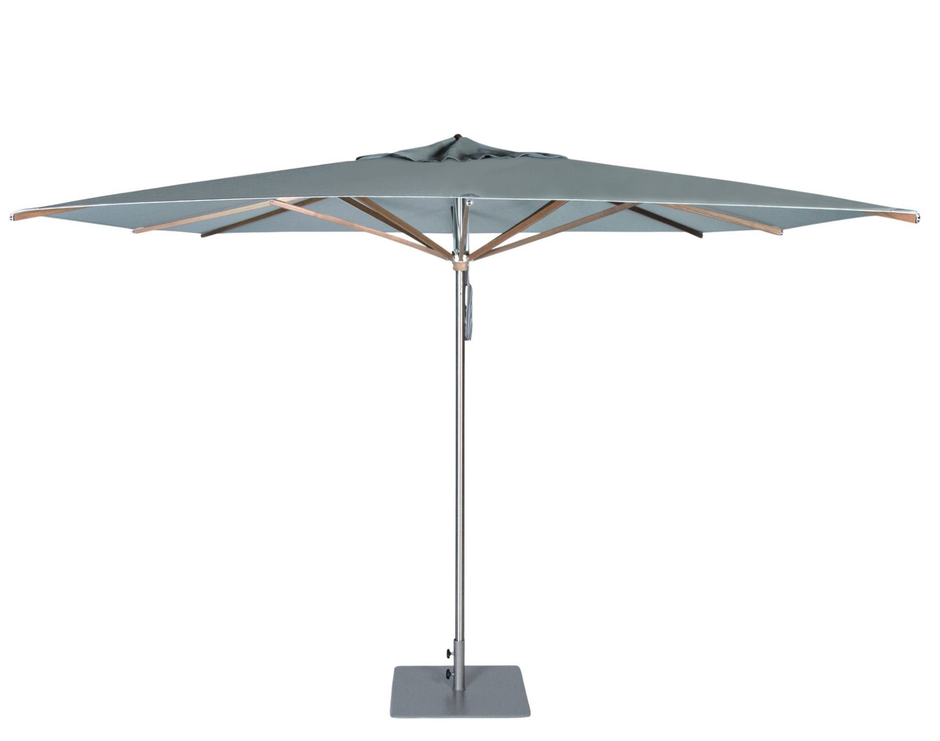 Weishäupl Sonnenschirm Trend, quadratisch, grauer Bezug, Holzgestell und silberfarbener Ständer für den Garten.