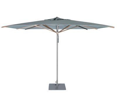 Weishäupl Sonnenschirm Trend, quadratisch, grauer Bezug, Holzgestell und silberfarbener Ständer für den Garten.