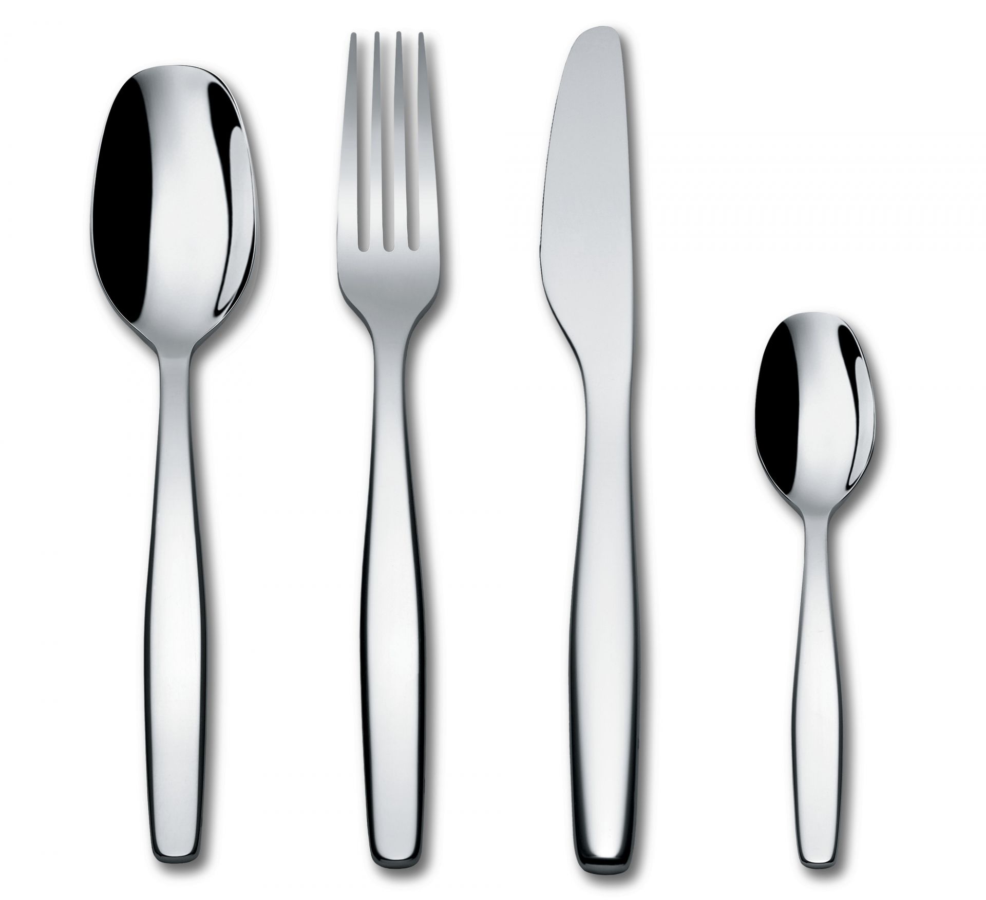 Nahaufnahme des Alessi Itsumo Bestecksets mit Messer, Gabel, großem und kleinem Löffel.