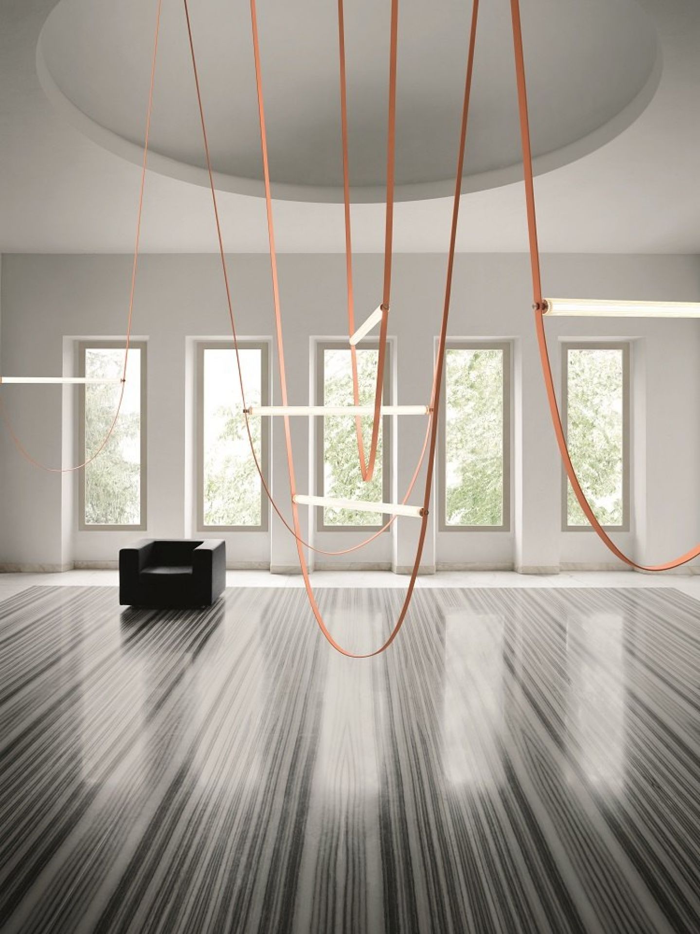 Wireline Pendelleuchte von Flos in Forest Grün, modernes Design mit LED-Lichtelementen und orangefarbenen Kabeln.