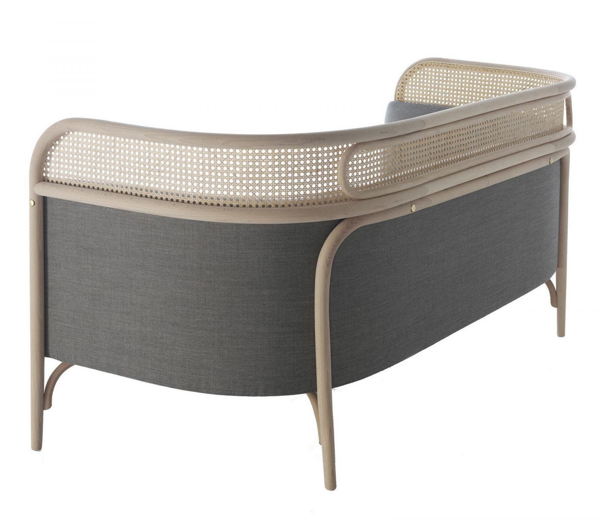 Targa Sofa von Wiener GTV Design mit grauem Stoffbezug und Wiener Geflecht im Holzrahmen.