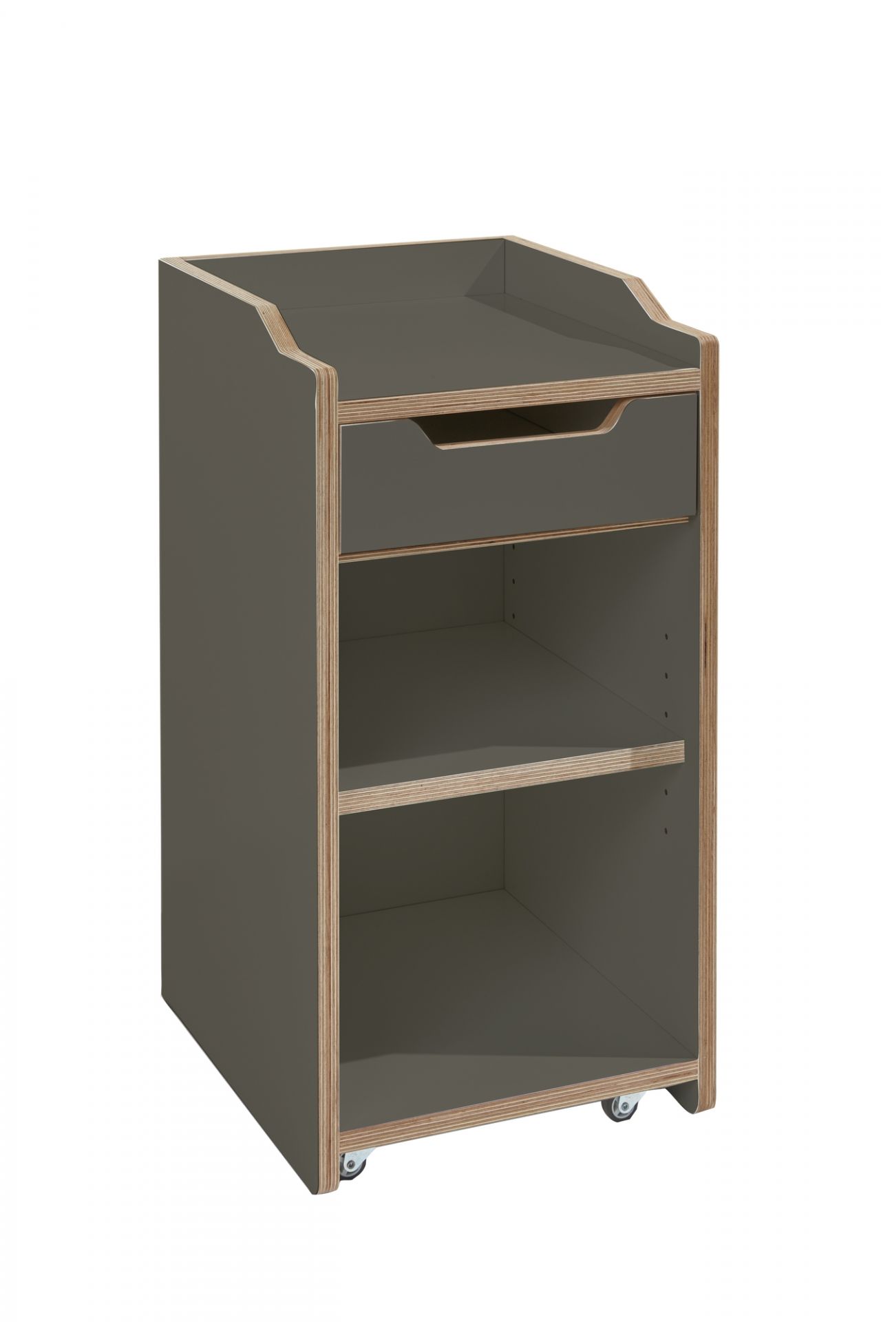Anthrazitfarbener Rollcontainer von Müller Möbelwerkstätten mit Schublade und offenen Regalfächern.