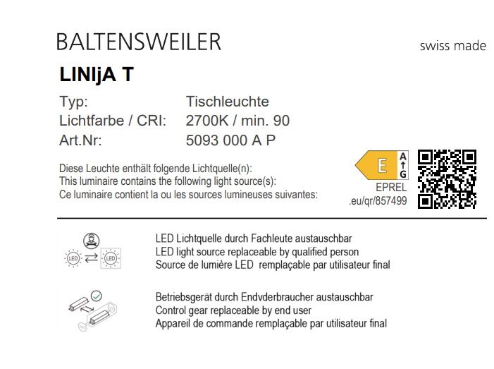 Produktinformationen zur Baltensweiler LINIjA T Tischleuchte mit LED, Lichtfarbe und Energieeffizienzklasse.