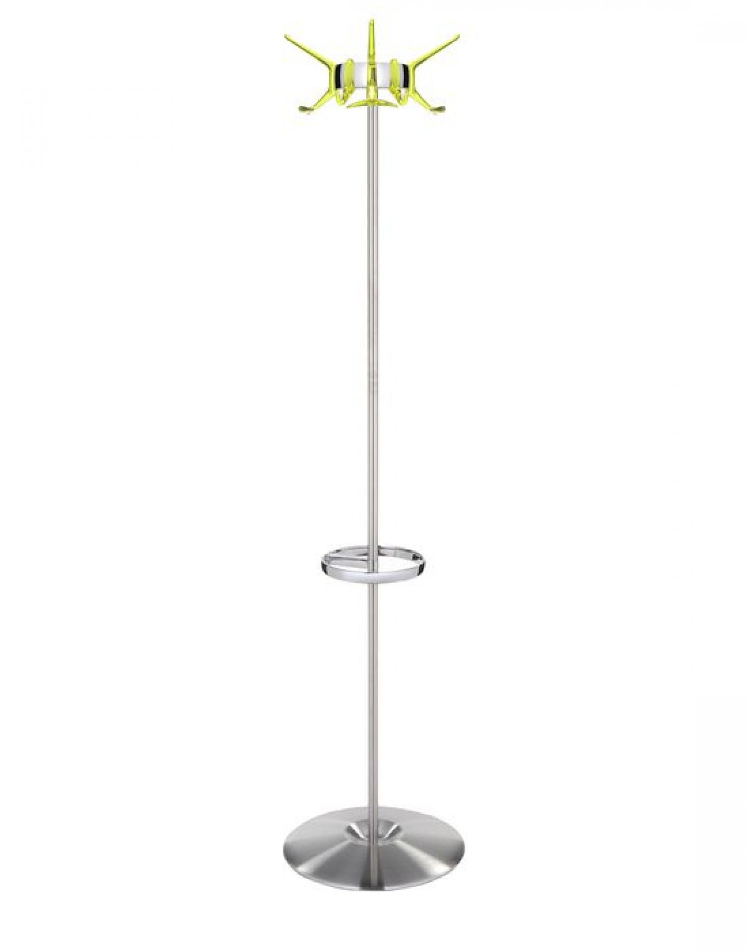 Moderner Hanger Garderobenständer von Kartell mit gelben Haken und silbernem Metallfuß. Design Garderobe für Flur und Büro.