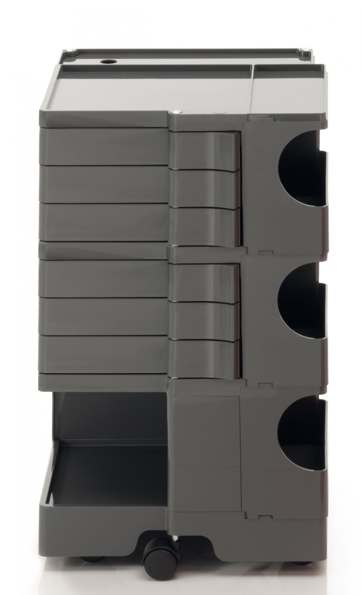 Grauer Boby Rollcontainer mit Schubladen und Ablagefächern, ideal für Büro und Arbeitszimmer.