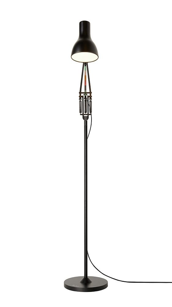 Schwarze Type 75 Stehleuchte von Anglepoise, Paul Smith Edition, mit verstellbarem Lampenschirm und Federmechanismus.