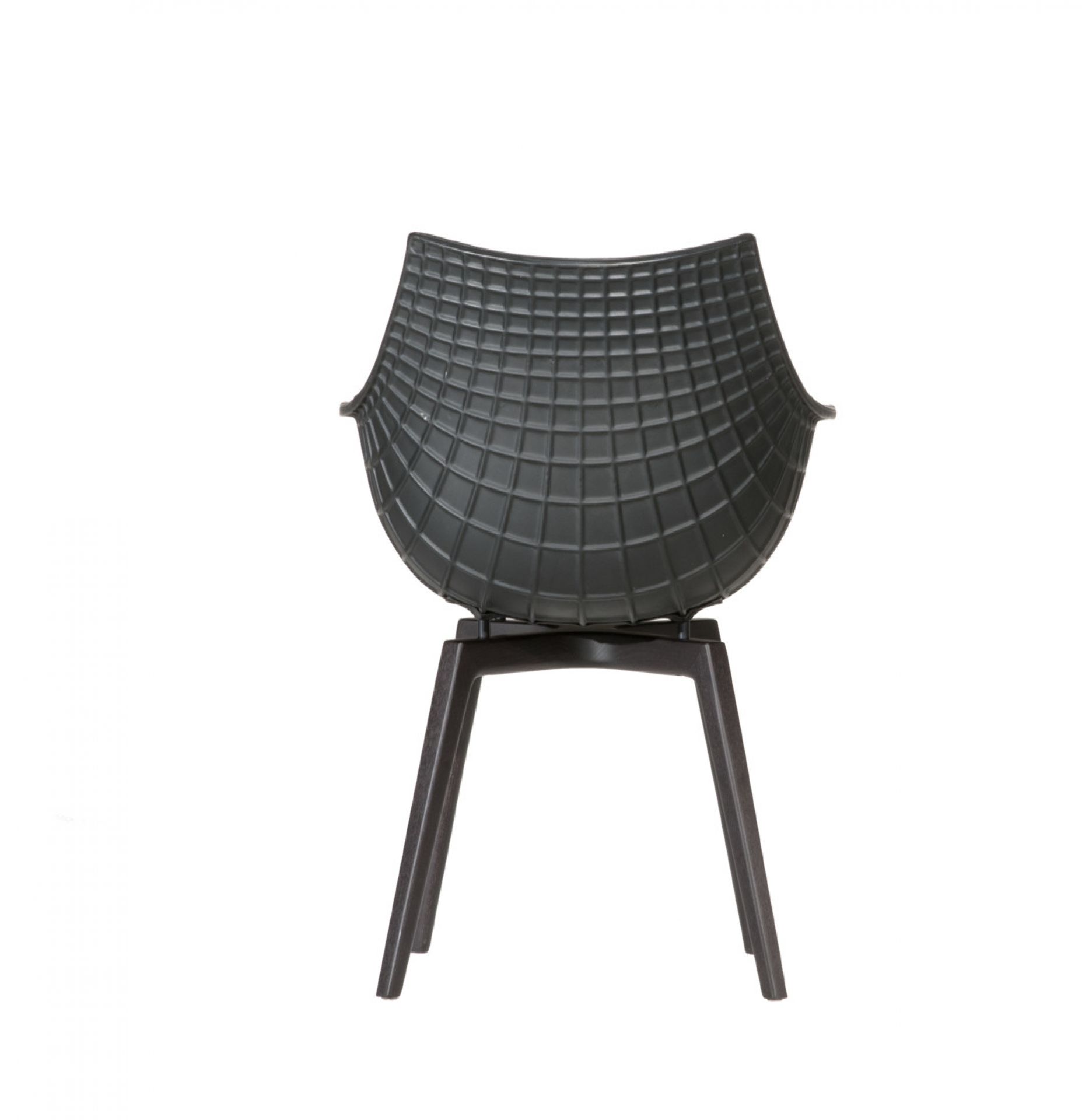 Rückansicht des grauen Meridiana Armlehnstuhls von Driade mit Lederstruktur und dunklem Gestell.