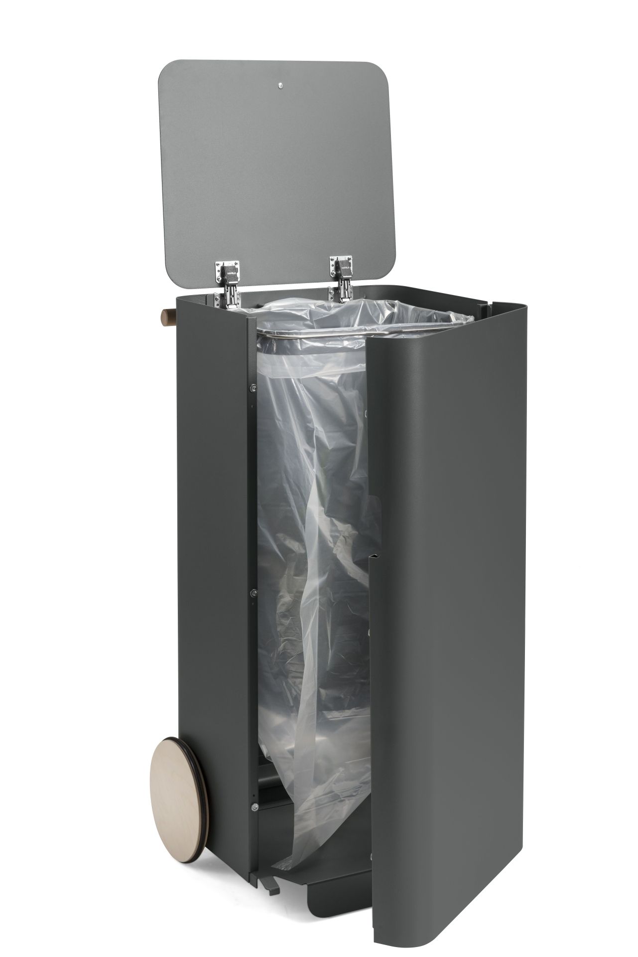 Arkityp Mülleimer zur Mülltrennung von Mizetto, grauer Abfallbehälter mit offenem Deckel und Müllsack.