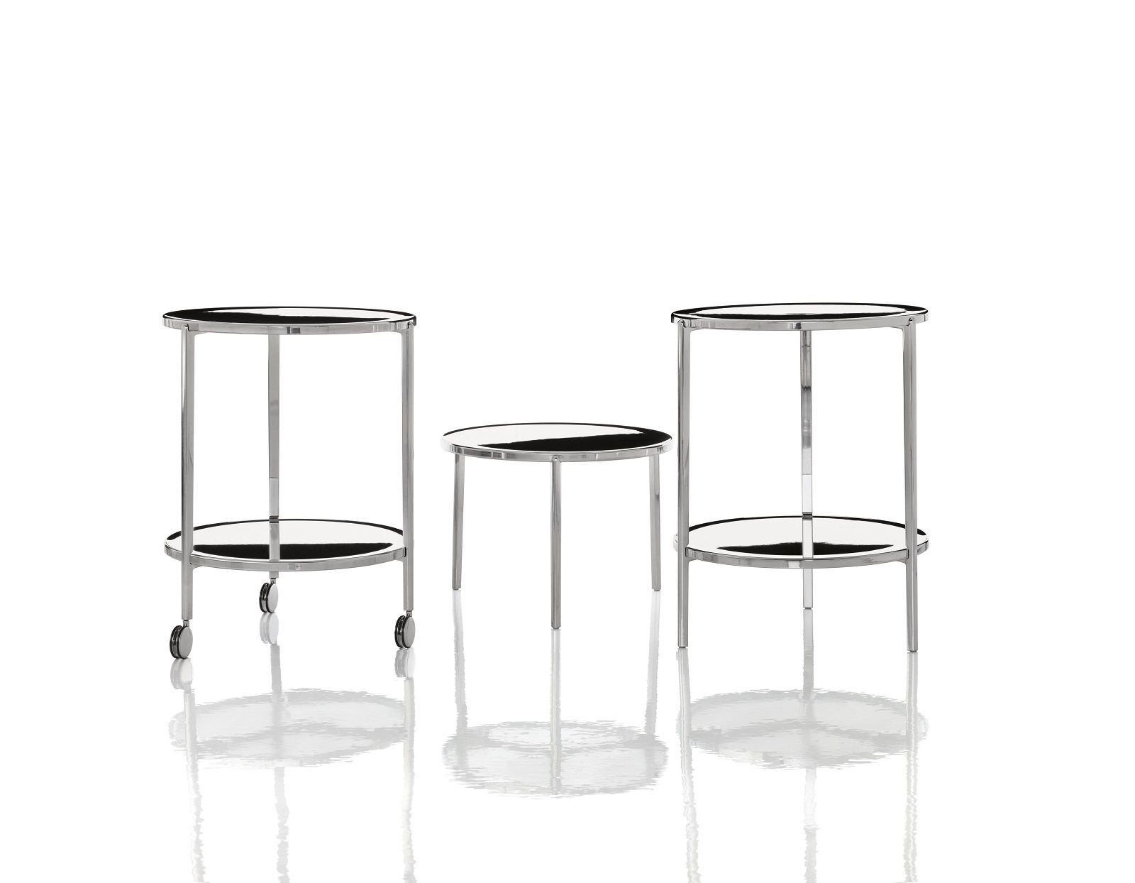 Magis Tambour Beistelltische, drei runde Tische aus Chrom und schwarzem Glas, einer mit Rollen.