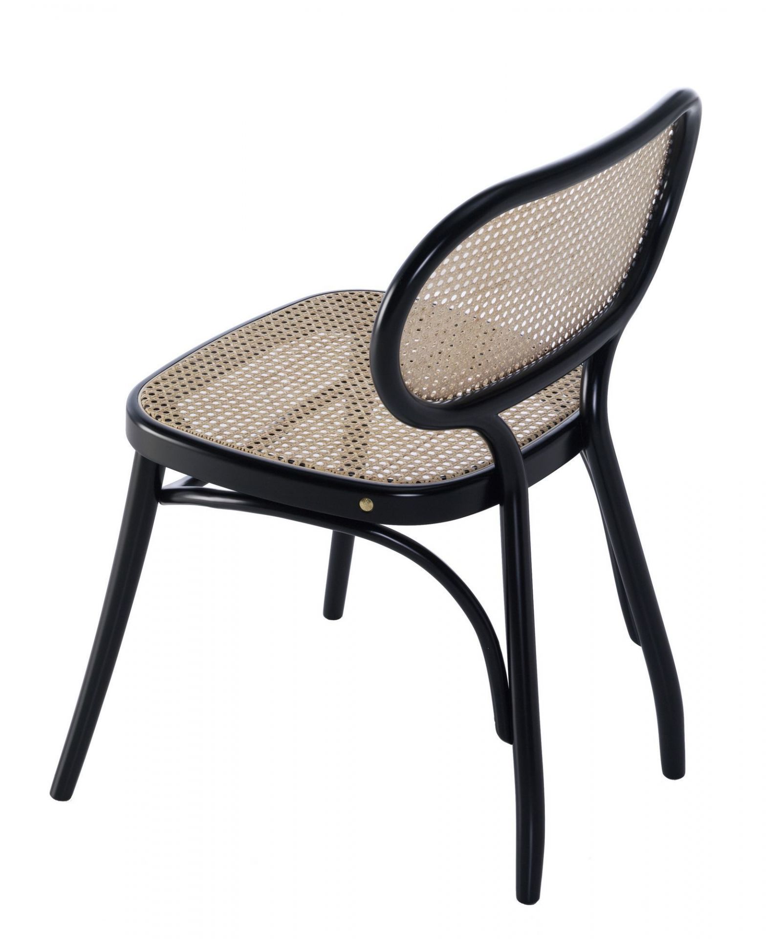 Bodystuhl Stuhl mit schwarzem Holzrahmen und Wiener Geflecht für Sitzfläche und Rückenlehne.