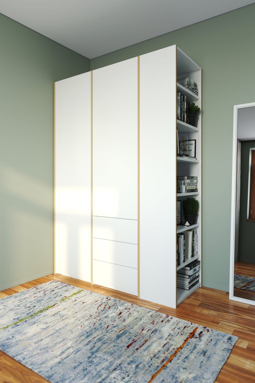 MODULAR PLUS Schrank Kombination von Müller Möbelwerkstätten mit Anbauregal und drei Schubkästen.