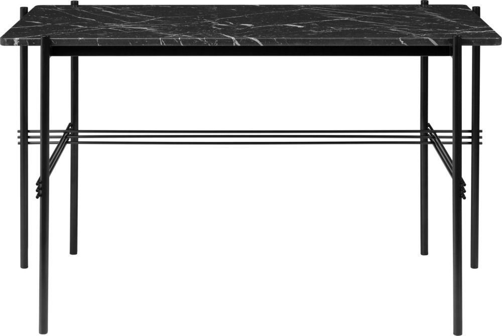 TS Desk Schreibtisch von Gubi mit schwarzer Marmorplatte und filigranem, schwarzem Stahlgestell.