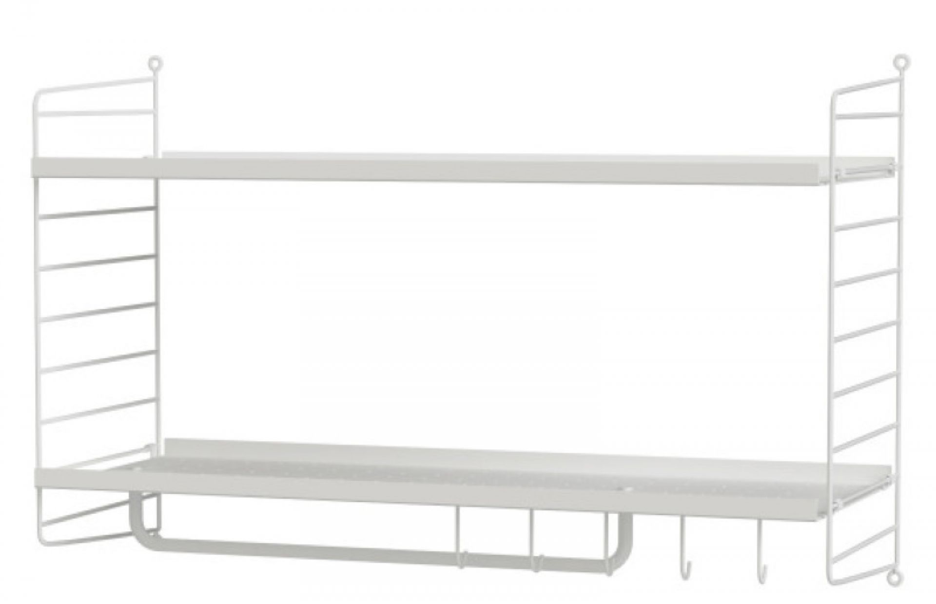 Weißes String Regal mit zwei Böden und Hakenleiste für Flur oder Küche.