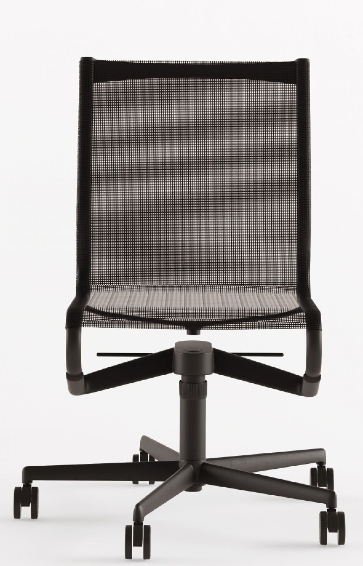 Schwarzer Rollingframe Drehstuhl mit Netzrückenlehne und Rollen, ideal für Büro und Homeoffice.