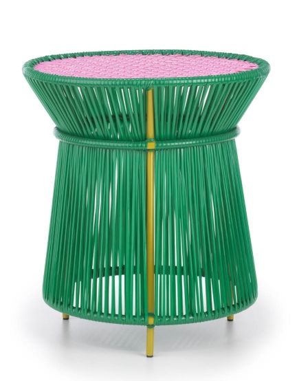 Caribe Beistelltisch Outdoor, smaragdgrün mit rosa Tischplatte und gelben Beinen. Gartenmöbel für Balkon und Terrasse.