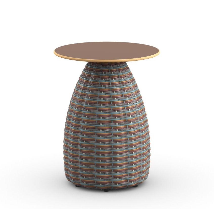 Dedon Porcini Beistelltisch mit runder Tischplatte und geflochtenem Korpus für den Garten.